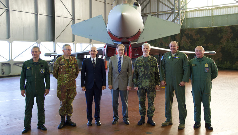 From left to right: General Denis Mercier (Supreme Allied Commander Transformation), General Claudio Graziano (Italian Chief of Defence), Gioacchino Alfano (Italian Undersecretary of Defence), Ambassador Alexander Vershbow (NATO Deputy Secretary General), General Petr Pavel (Chairman of the NATO Military Committee), General Philip Breedlove (Supreme Allied Commander Operations) and Lieutenant General Pasquale Preziosa (Commander Italian Air Force).