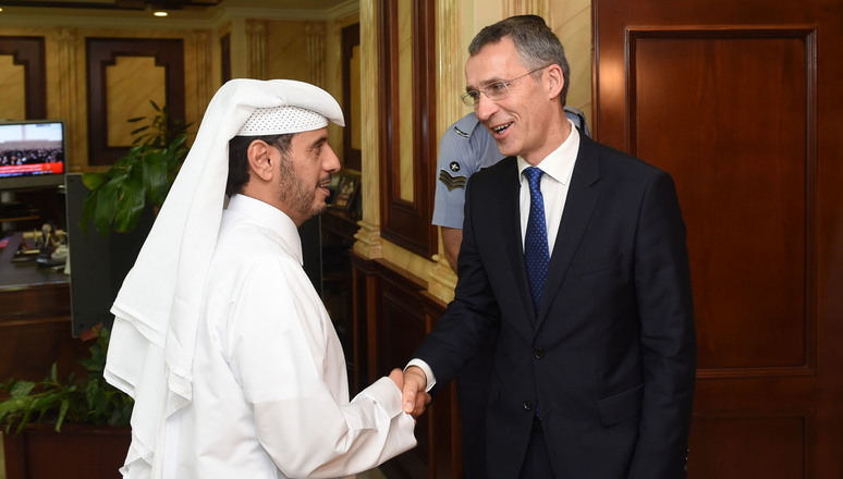 Conselho do Atlântico Norte assinala 10º Aniversário da Iniciativa de Cooperação de Istambul.  Reunião bilateral entre o secretário-geral da OTAN Jens Stoltenberg e o Primeiro-Ministro do Estado do Catar, Sheikh Abdullah Bin Naser Bin Khalifa Al-Thani