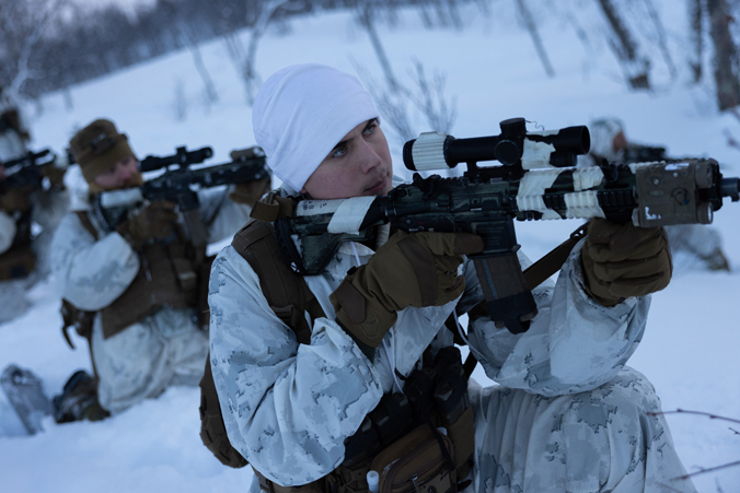 US Marines train with their Norwegian Allies near Setermoen, Norway.