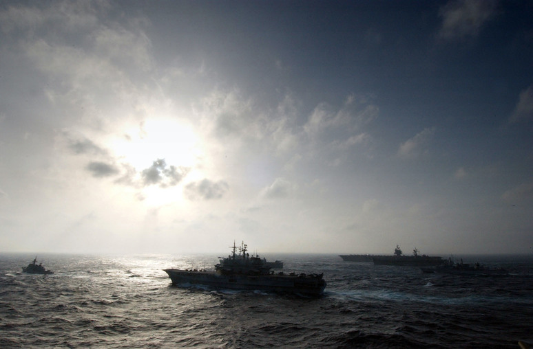 040711-N-4308O-066 North Atlantic Ocean (July 12, 2004) - A multinational formation of ships operates in the North Atlantic Ocean as part of Majestic Eagle. Majestic Eagle is a multinational exercise being conducted off the coast of Morocco. The exercise demonstrates the combined force capabilities and quick response times of the participating naval, air, undersea and surface warfare groups. Countries involved in the NATO led exercise include the United Kingdom, Morocco, France, Italy, Portugal, Spain, and Turkey. Truman's participation in Majestic Eagle is part of her scheduled deployment supporting the Navy's new fleet response plan (FRP) Summer Pulse 2004, the simultaneous deployment of seven carrier strike groups (CSGs), demonstrating the ability of the Navy to provide credible combat across the globe, in five theaters with other U.S., allied, and coalition military forces. U.S. Navy photo by Photographer's Mate Airman Ryan O'Connor (RELEASED) For more information go to: http://www.cffc.navy.mil/summerpulse04.htm