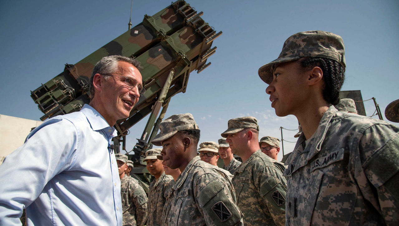 NATO Secretary General Jens Stoltenberg visiting the US Patriot Unit deployed at the Turkish military base in Gaziantep