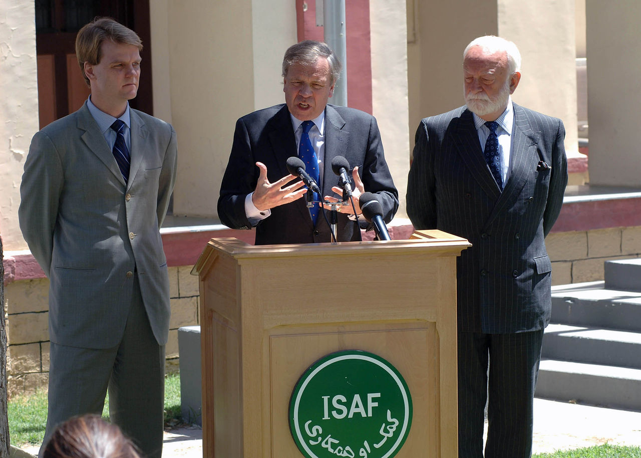 On 20th July 2006 at HQ ISAF, a series of high level discussions on the future development of Afghanistan were Chaired by NATO Secretary General, HE Mr Jaap de Hoop Scheffer and Supreme Allied Commander Europe (SACEUR), General James L Jones.
Those in attendance included:
SCR; Minister Cetin, 
US Ambassador; HE Mr R Neumann, 
CG CFC-A; LT General Eikenberry US-A, 
DCOM Air Major General Ahrens GE-AF, 
DCOM Stability; Major General Gay IT-A, 
COS ISAF; Major General Brown,
DCOS Ops Brigadier General Layfield US-A
D/UNSRSG Pol; Mr Alexander
EUSR; HE Mr Vendrell
D/POLAD Mr Wyatt
MoD HE General Wardak
This photo shows a press conference given by NATO Secretary General, HE Mr Jaap de Hoop Scheffer (centre), D/UNSRSG Pol; Mr Alexander (left), EUSR; HE Mr Vendrell (right)
