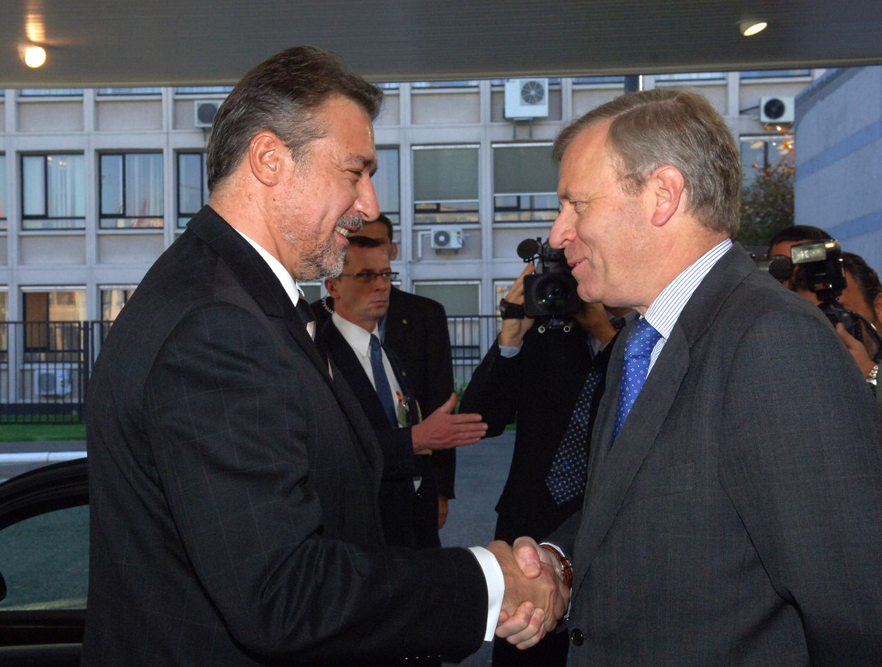Left to right: President Branko Crvenkovski (former Yugoslav Republic of Macedonia) being greeted by NATO Secretary General, Jaap de Hoop Scheffer upon his arrival to NATO
