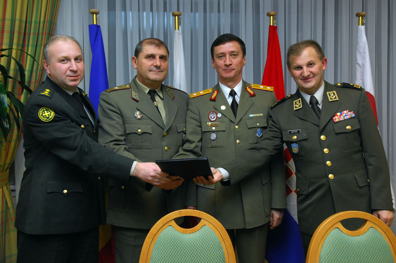 (From left to right) Lt. Col. Mamuka Tskhvediani, Chief J4 of the Joint Staff of the Ministry of Defence of Georgia, Brig. Gen. Boyko Milanov Rabadzhiyski, Chief J4 of the General Staff of the Ministry of Defence of the Republic of Bulgaria, Maj. Gen. Petru Bejinariu, Chief J4 of the General Staff of the Ministry of Defence of Romania and Brig. Gen. Mate Ostović, Chief J4 of the General Staff of the Ministry of Defence of the Republic of Croatia