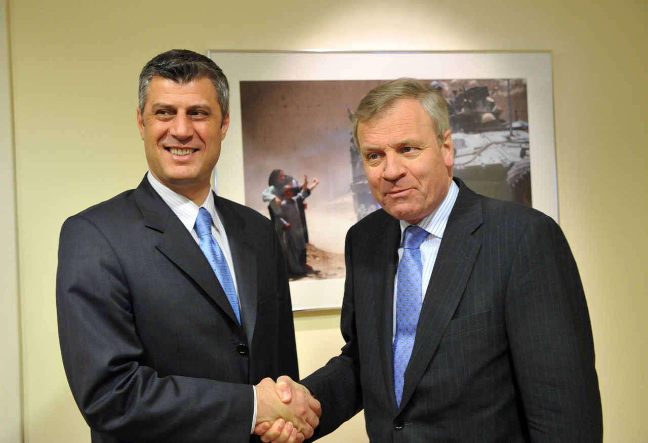 Left to right: Hashim Thaci (Prime Minister, Kosovo) shaking hands with NATO Secretary General, Jaap de Hoop Scheffer