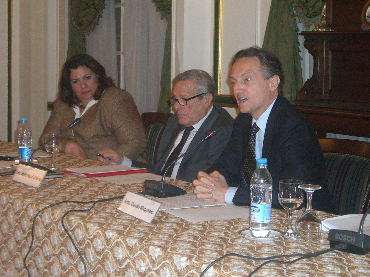 Ambassador Claudio Bisogniero NATO Deputy Secretary General (right); Ambassador Abdel Raouf El Reedy, Chairman Egyptian Council foreign Affairs (center); Mrs. Wafa Bassim, Chief of Cabinet of the Minister of Foreign Affairs of Egypt (left)