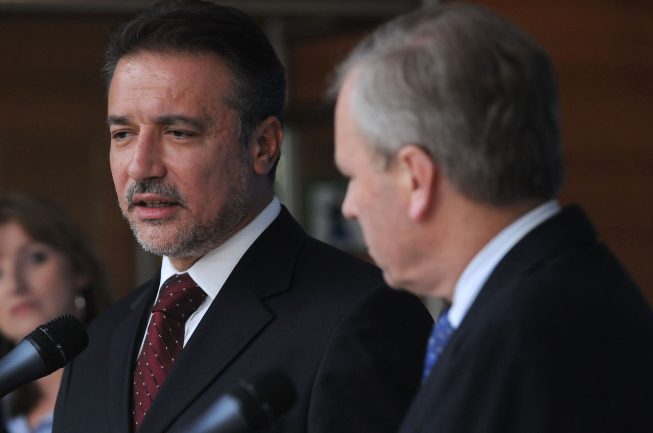 Left to right: President Branko Crvenkovski (former Yugoslav Republic of Macedonia) and NATO Secretary General, Jaap de Hoop Scheffer
