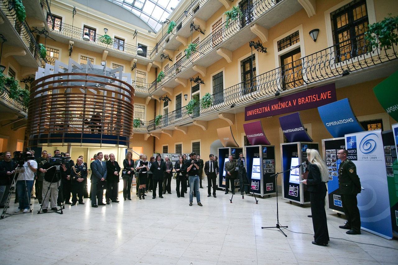 Dr. Gerlinde Niehus, Head of the Corporate Communication Section of NATO`s Public Diplomacy Division, delivering opening remarks at the opening of the NATO Multimedia Expo in Bratislava.