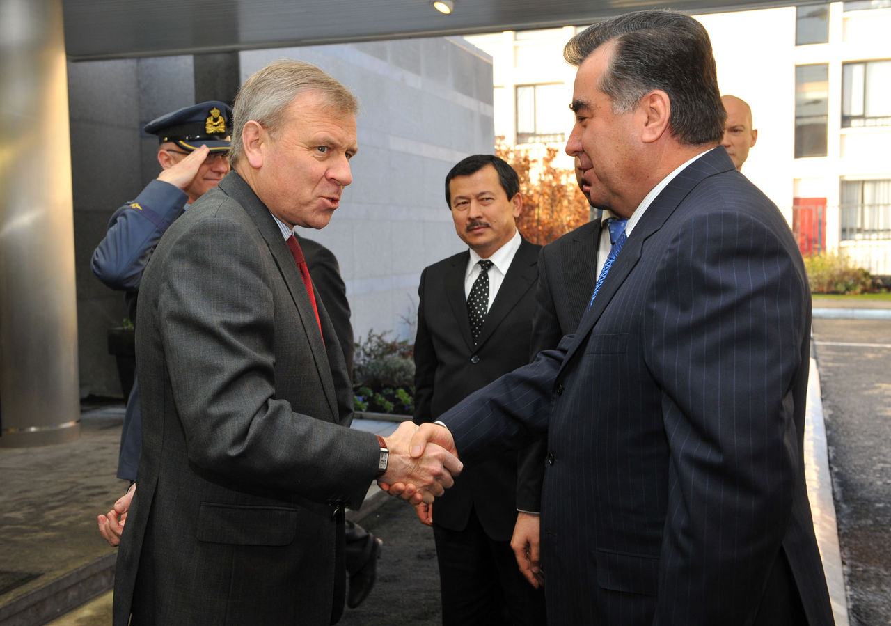 Left to right: NATO Secretary General, Jaap de Hoop Scheffer greets President Emomali Rahmon (Tajikistan) upon his arrival