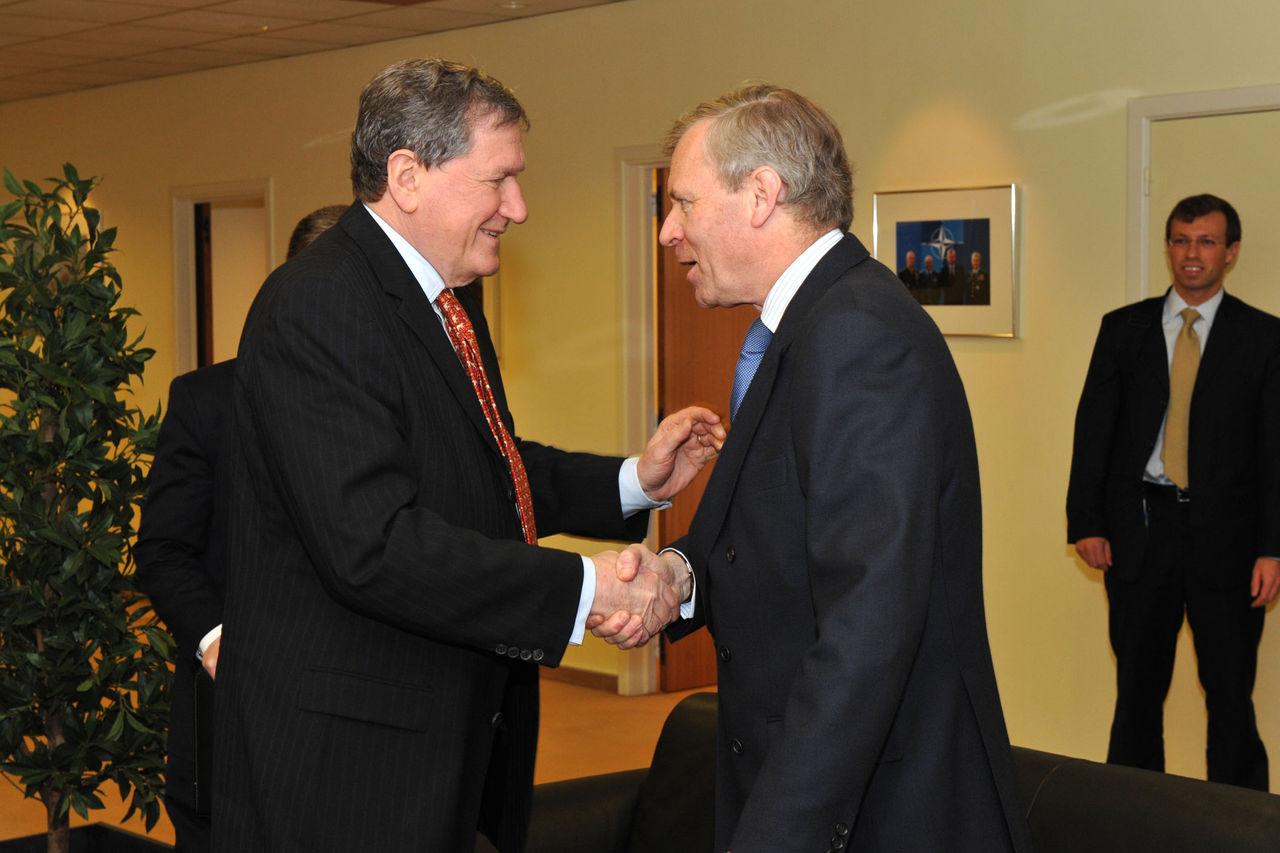Left to right: Richard Holbrooke (US Special Representative for Afghanistan and Pakistan) shaking hands with NATO Secretary General, Jaap de Hoop Scheffer