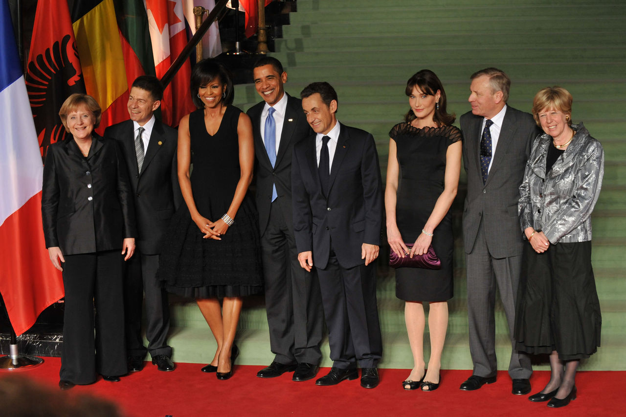 From left to right: Angela Merkel, Chancellor of the Federal Republic of Germany and her husband; the President of the United States Barrack H. Obama and Mrs. Obama; Nicholas Sarkozy, President of France and Mrs. Sarkozy; NATO Secretary General Jaap de Hoop Scheffer and Mrs de Hoop Scheffer