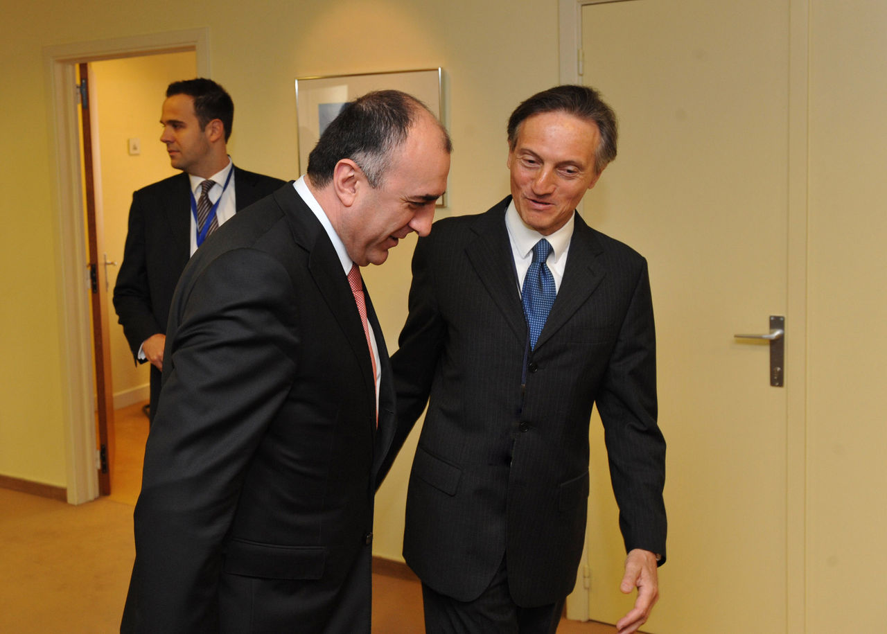 NATO Deputy Secretary General, Ambassador Claudio Bisogniero (right) welcomes the Foreign Minister of Azerbaijan, H.E. Elmar Mammadyarov