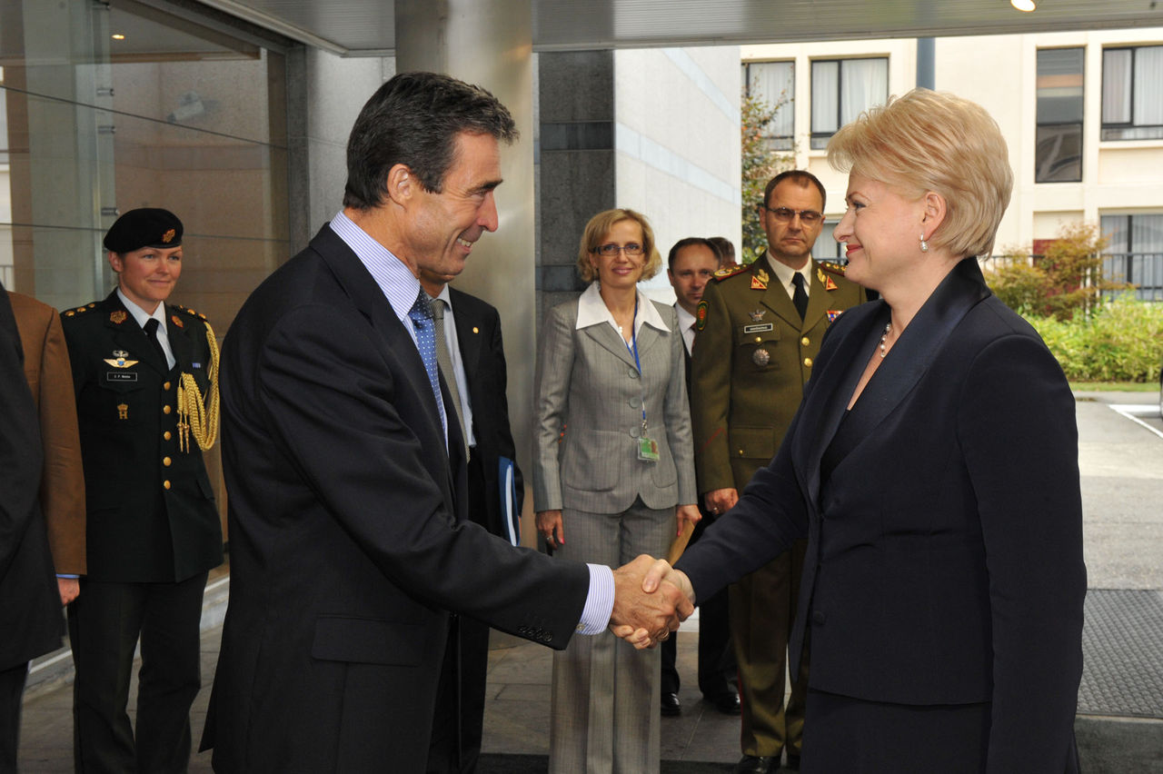 NATO Secretary General Anders Fogh Rasmussen welcomes  the President of Lithuania Dalia Grybauskaite to NATO headquarters