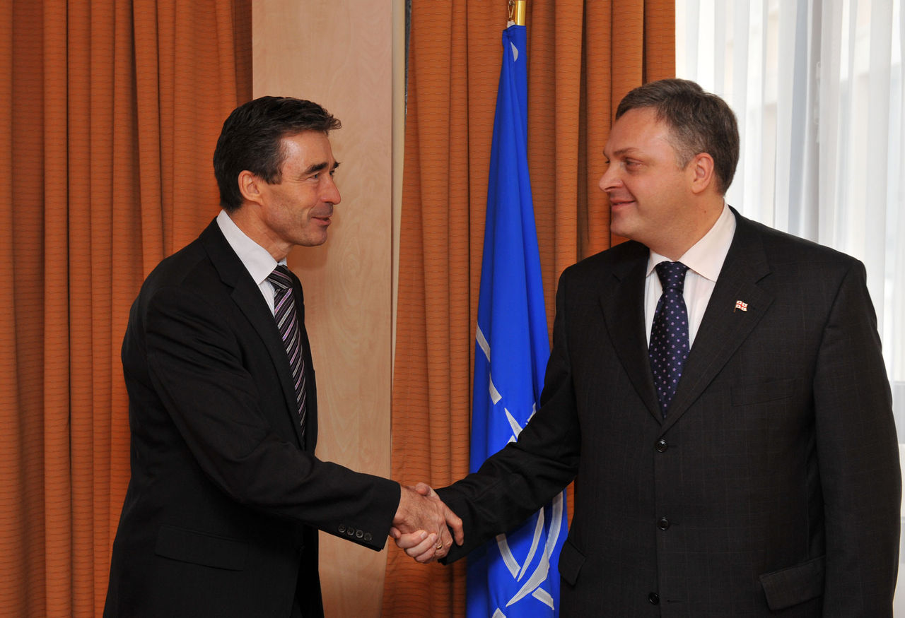 Left to right: NATO Secretary General, Anders Fogh Rasmussen shaking hands with  Giorgi Baramidze (Georgian Deputy Prime Minister and State Minister for European and Euro-Atlantic Integration) 