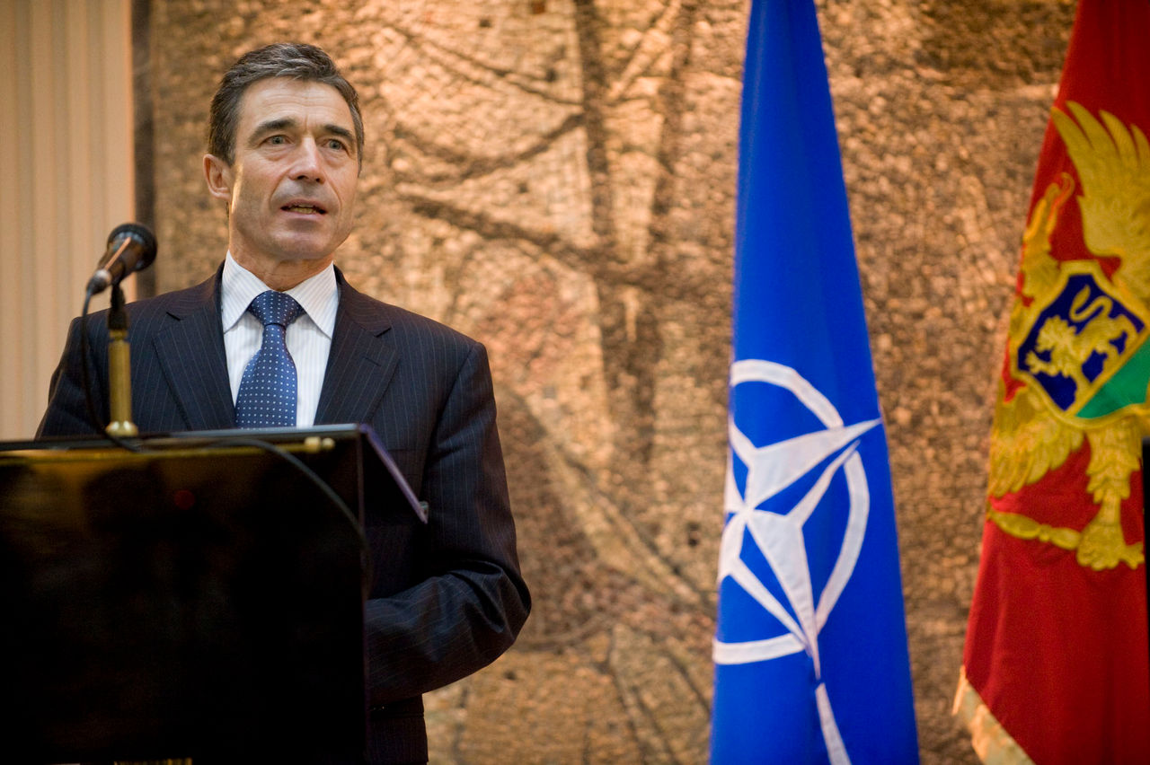 NATO Secretary General Anders Fogh Rasmussen during the joint press point with the Prime Minister of Montenegro, Milo Djukanovic.