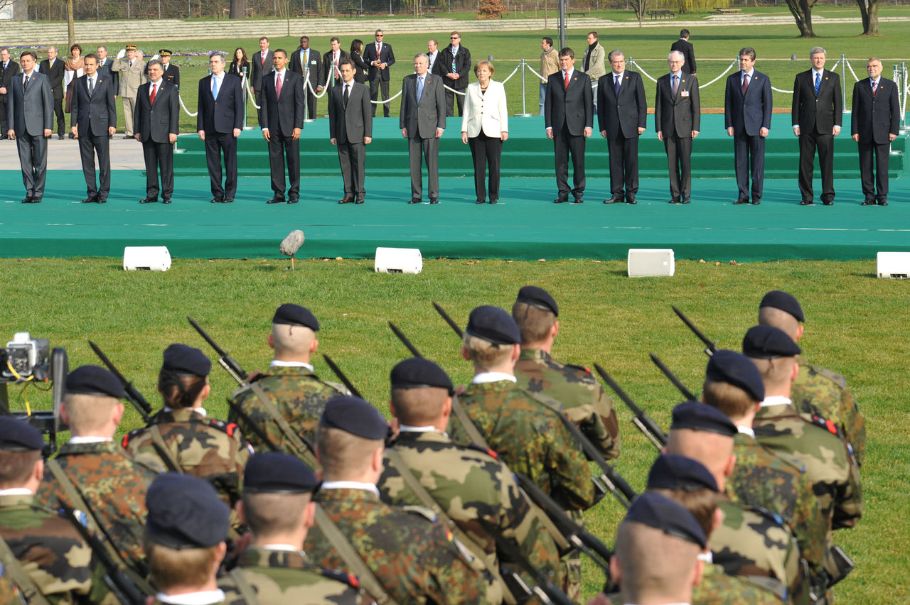 The NATO Heads of State and Government during the tribute to the NATO military personnel for service in operational theatres of the Alliance