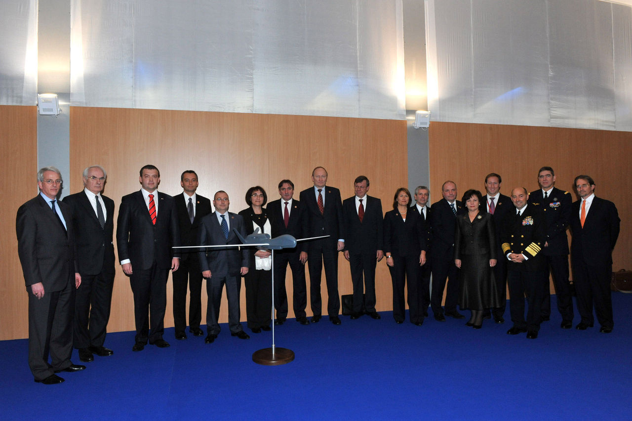In the margins of their informal meeting in Bratislava, on 22-23 October 2009, Defence Ministers had a short gathering to mark progress on the AGS programme, conducted by a group of 15 Allied nations. The Ministers met in front of a 1/20 scale model of a NATO marked Global Hawk Unmanned Aerial Vehicle, which will form the air segment of an Alliance-wide Intelligence, Surveillance and Reconnaissance capability.