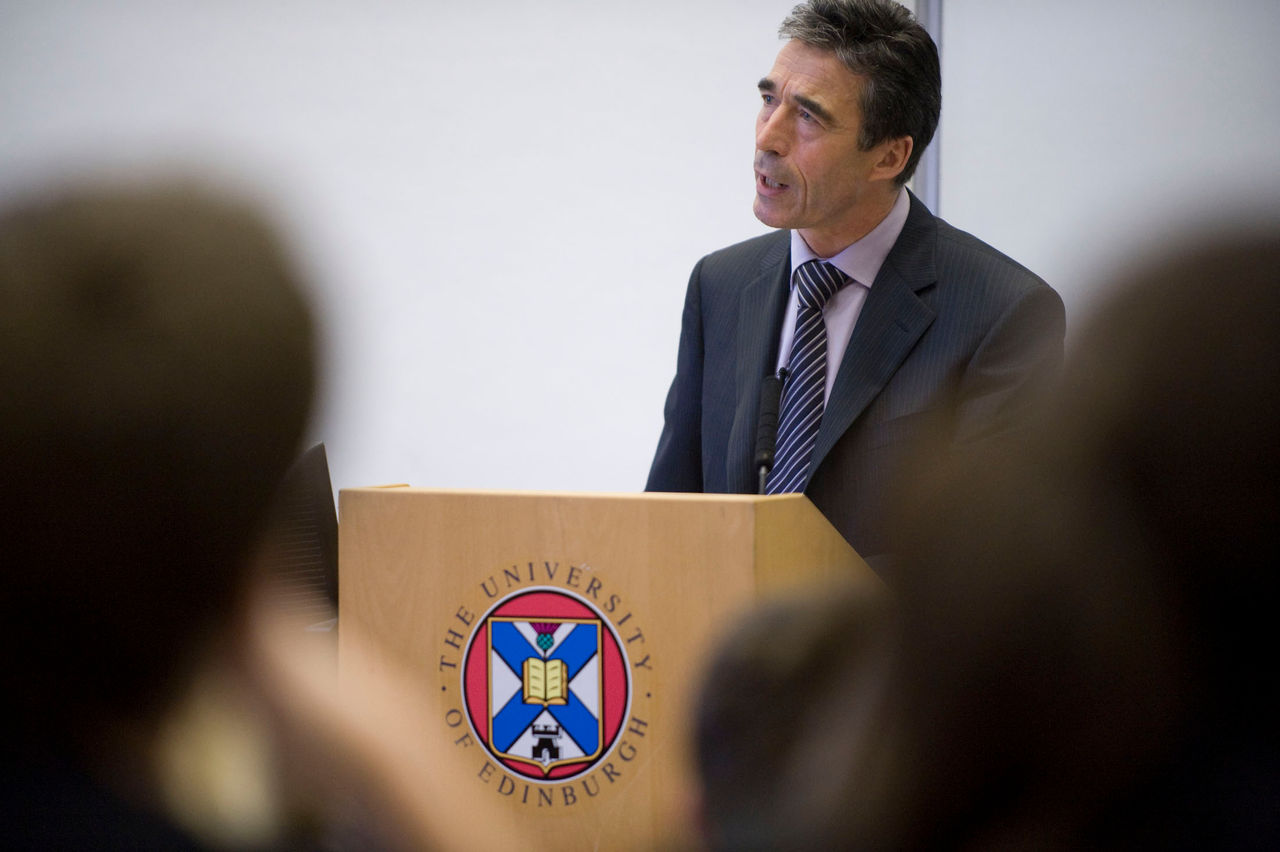 NATO Secretary General Anders Fogh Rasmussen delivering his speech ''The Future of Peace Operations'' at the University of Edinburgh