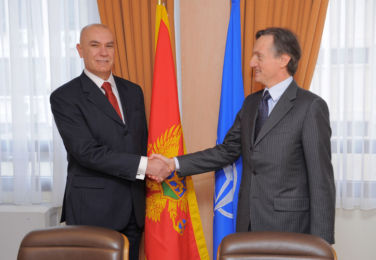Left to right: Boro Vučinić (Minister of Defence of Montenegro) shaking hands with Deputy NATO Secretary General, Ambassador Claudio Bisogniero