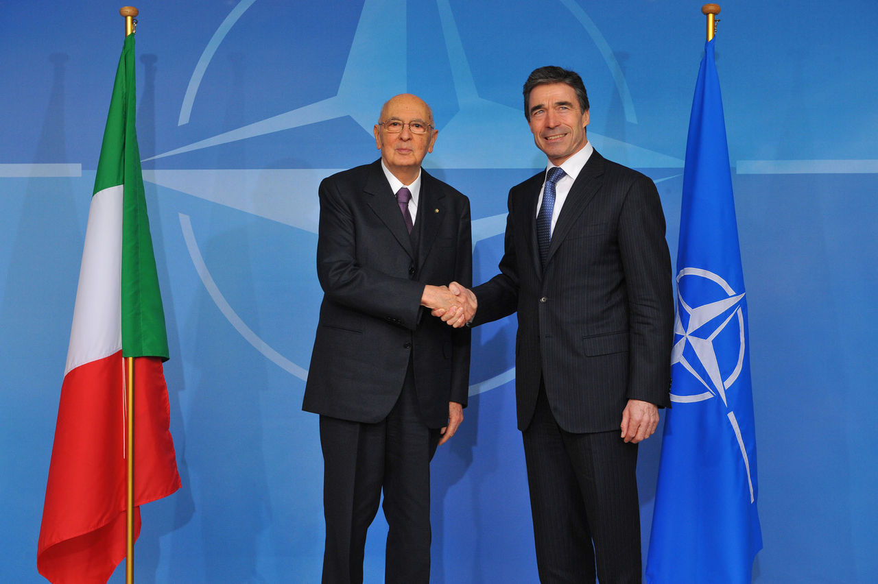 NATO Secretary General Anders Fogh Rasmussen welcomes Italian President Giorgio Napolitano