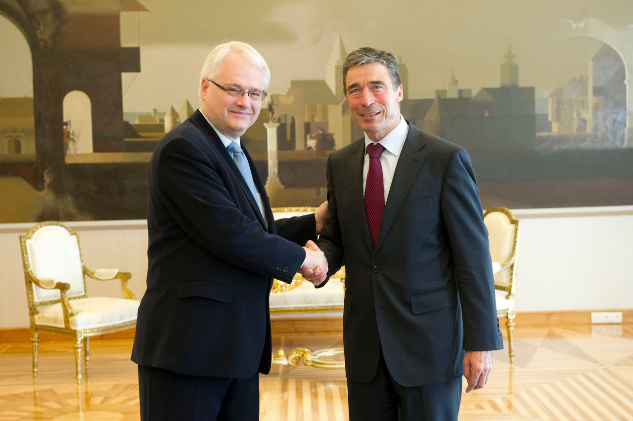 President Ivo Josipovic of Croatia welcomes NATO Secretary General Anders Fogh Rasmussen