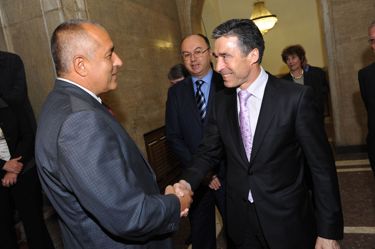 Left to right: Prime Minister of Bulgaria, Boyko Borissov bids farewell to NATO Secretary General, Anders Fogh Rasmussen following their bilateral discussion.
