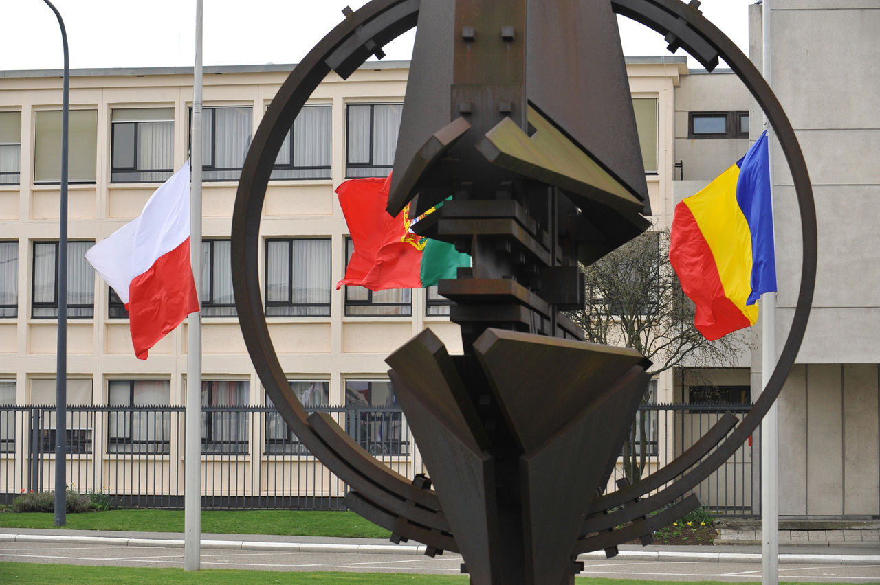 Flags flying half-mast at NATO headquarters. 