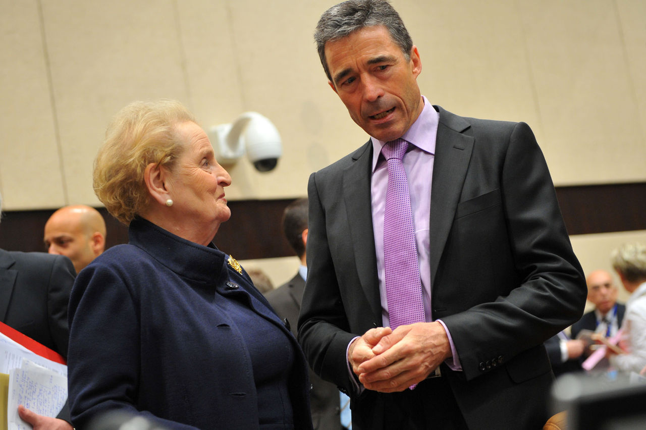 Left to right: Madeleine Albright (Chair, Group of Experts) talking with NATO Secretary General, Anders Fogh Rasmussen