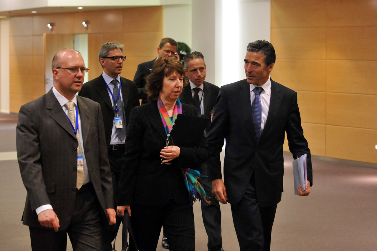 Centre to right: Baroness Catherine Ashton (EU High Representative for Foreign Affairs and Security Policy) walking towards the meeting room with NATO Secretary General, Anders Fogh Rasmussen 