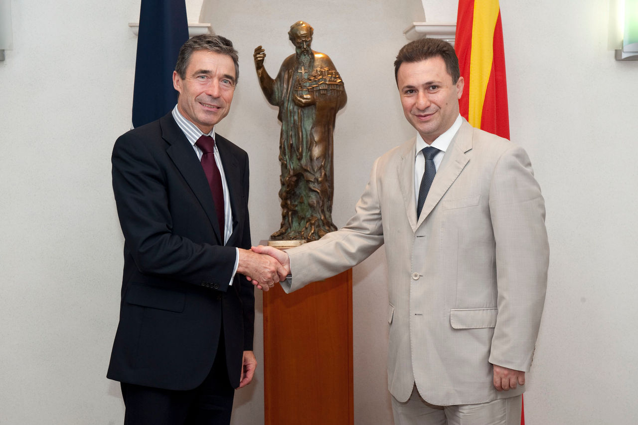 NATO Secretary General Anders Fogh Rasmussen shaking hands with Prime Minister Nikola Gruevski of the former Yugoslav Republic of Macedonia.