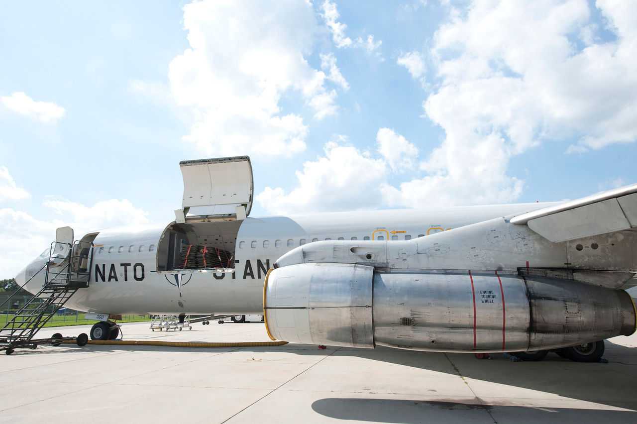 A Trainer Cargo Aircraft of the NATO Airborne Early Warning and Control Force (AWACS) ready to transport relief goods to Pakistan donated by the Republic of Slovakia