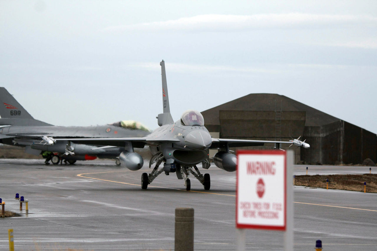 F16 jet fighters participating in the air-defence flying training event Iceland Air Meet 2014.