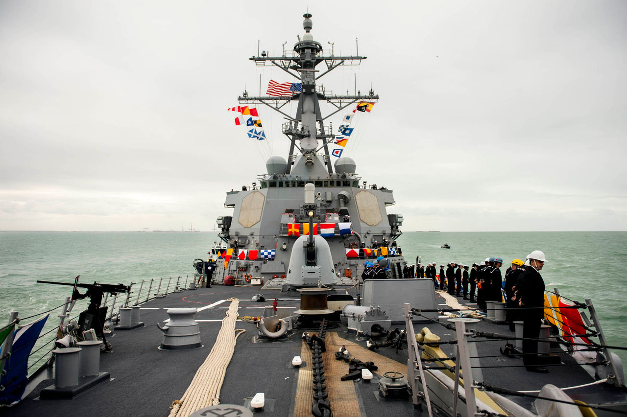 ROTA, Spain (Feb. 11, 2014) -  Sailors man the rails as the Arleigh Burke-class guided-missile destroyer USS Donald Cook (DDG 75) arrives at Naval Station Rota. Donald Cook is the first of four Arleigh Burke-class guided-missile destroyers to be stationed in Rota. (U.S. Navy photo by Mass Communication Specialist Seaman Edward Guttierrez III)