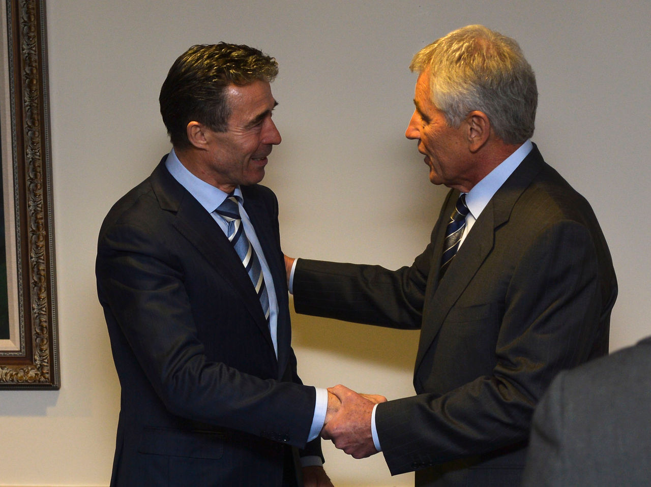 US Secretary of Defense Chuck Hagel welcomes NATO Secretary General Anders Fogh Rasmussen at the Pentagon