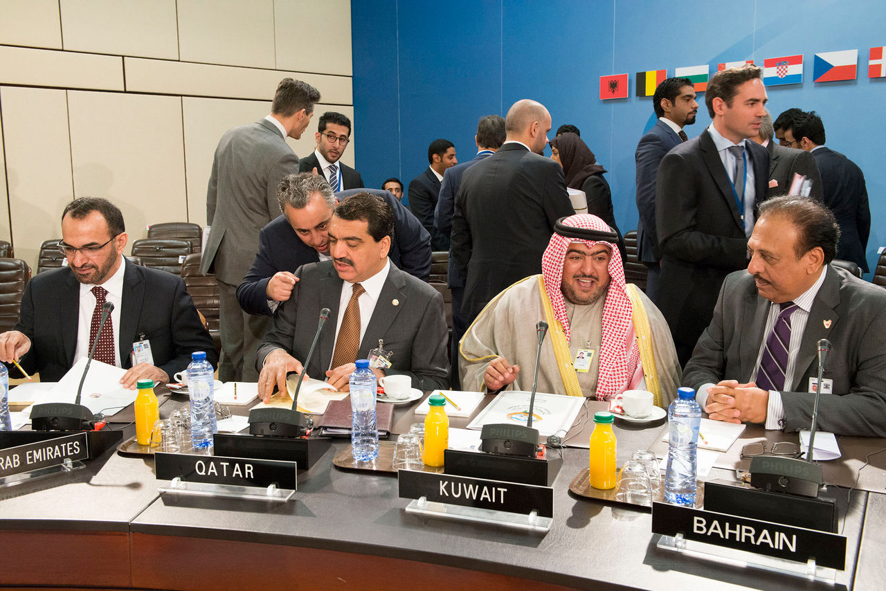 Left to right: Fares Mohammed Ahmed Suhail Al-Mazrouei (Assistant Minister for Security and Military Affairs for the United Arab Emirates); Mohammed Bin Abdullah Al-Rumaihi (Assistant Foreign Minister, Qatar);Thamer Ali Al-Sabah (President of the National Security Bureau for Kuwait); Hamad Ahmed Al-Amer (Undersecretary for Regional and GCC Affairs, Bahrain)