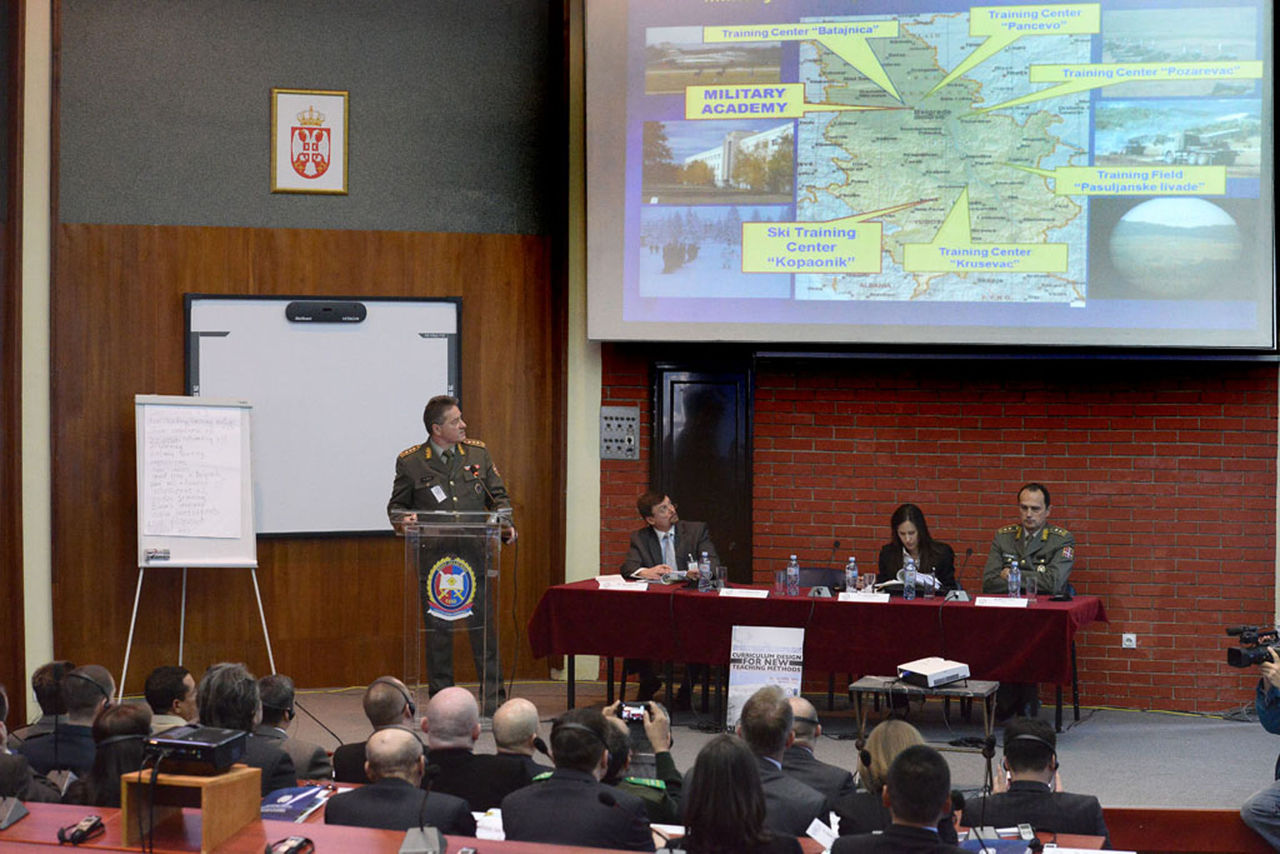 Rector of the University of Defence Lieutenant General Dr Miodrag Jevtic gives an overview of national professional military education infrastructure to the multinational educators’ workshop on "Curriculum Design for New Teaching Methods" in the auditorium of the Centre for Simulation and Distance Learning at the Defence University in Belgrade.