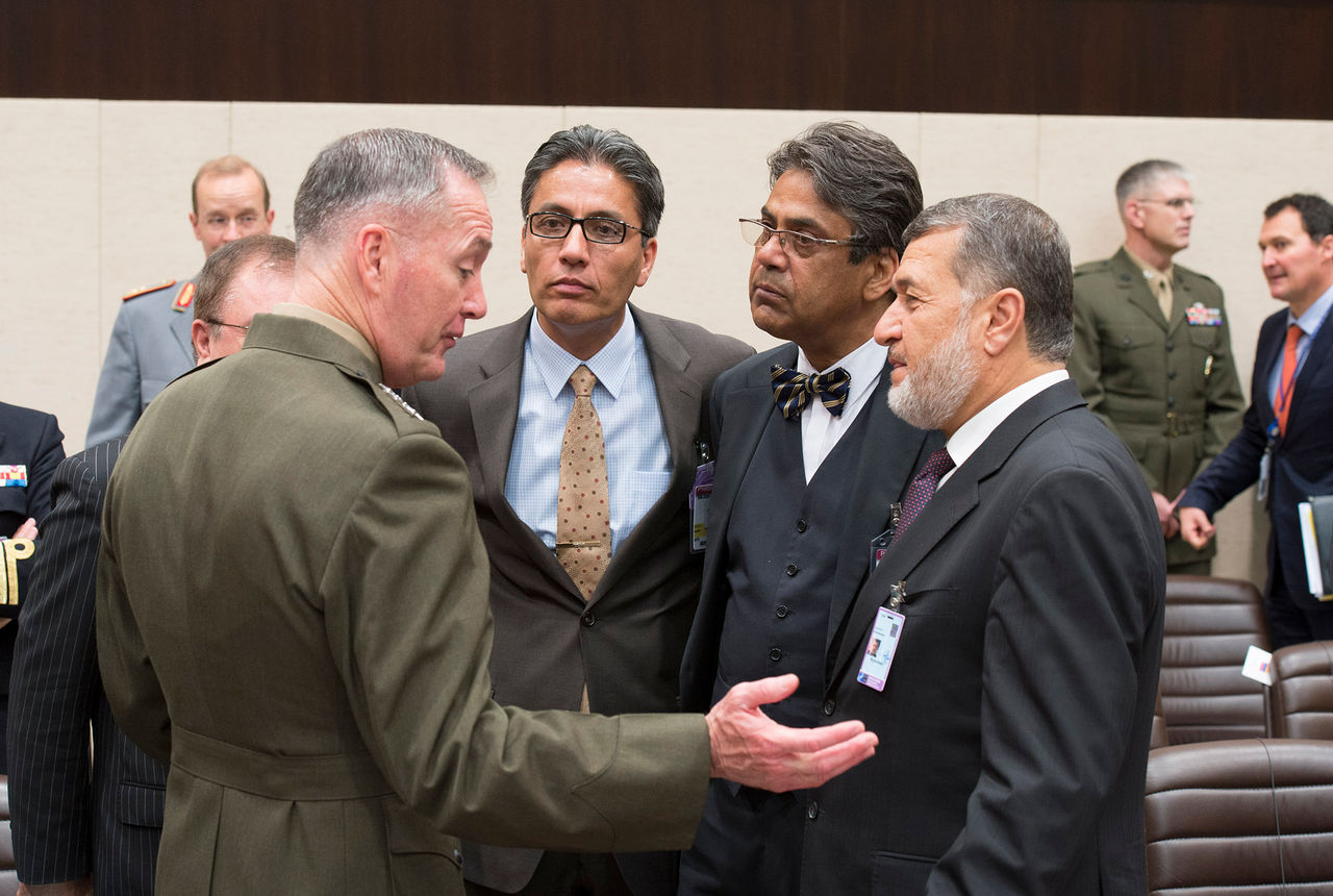 Front left to right: General Joseph Dunford (Commander ISAF) with Bismellah Mohammadi (Minister of Defence, Afghanistan)