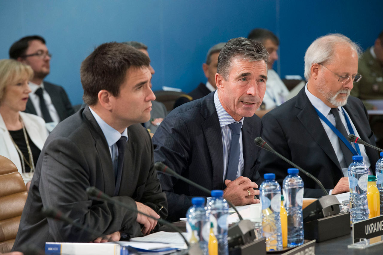 Head of the table - Pavlo Klimkin (Minister of Foreign Affairs, Ukraine); NATO Secretary General Anders Fogh Rasmussen and Thrasyvoulos Terry Stamatopoulos (NATO Assistant Secretary General for Political Affairs and Security Policy)