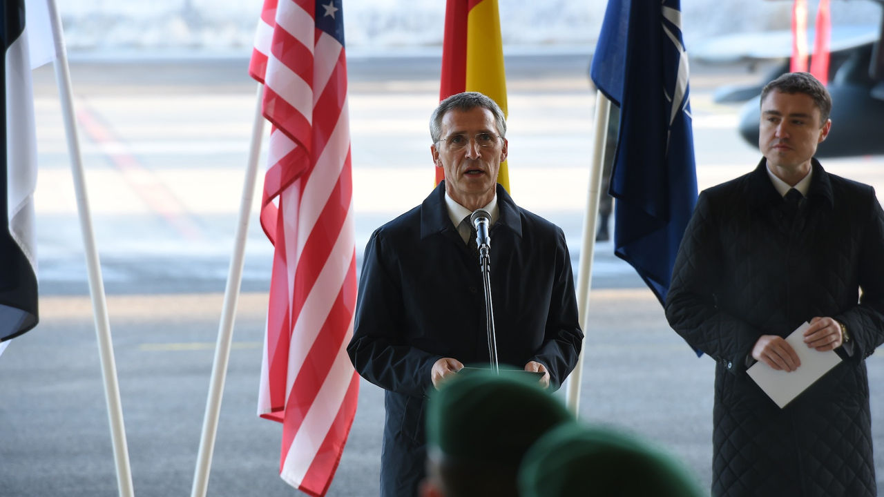 NATO Secretary General Jens Stoltenberg addresses troops conducting the Baltic Air Police Mission at Amari airbase, Estonia