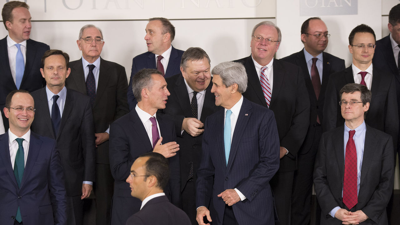Centre left to right: NATO Secretary General Jens Stoltenberg talking with Evangelos Venizelos (Minister of Foreign Affairs, Greece) and John F.Kerry (US Secretary of State)