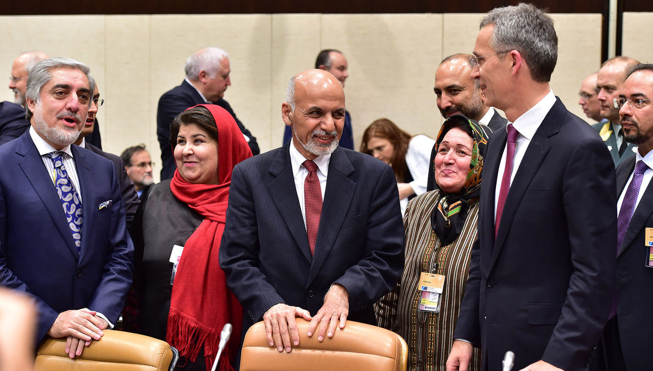 Left to right: Abdullah Abdullah (Chief Executive, Afghanistan) with President Ashraf Ghani of Afghanistan and NATO Secretary General Jens Stoltenberg