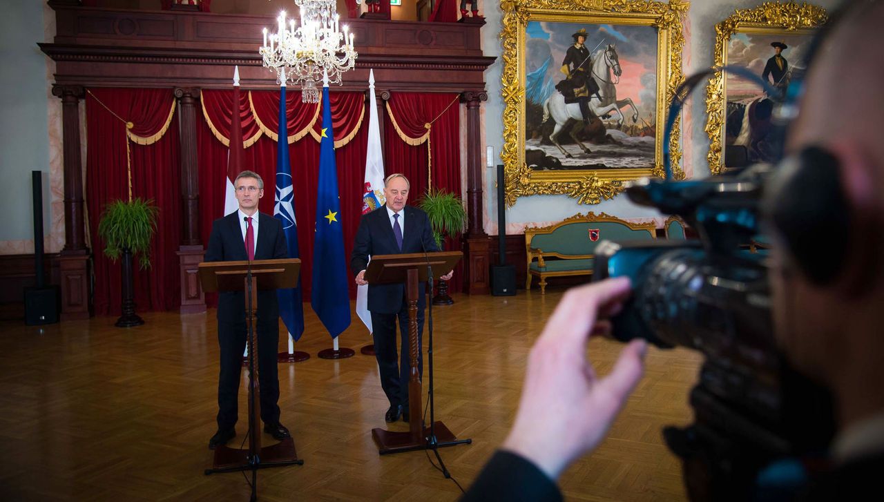 Joint press point with NATO Secretary General Jens Stoltenberg and the President of Latvia, Andris Berzins