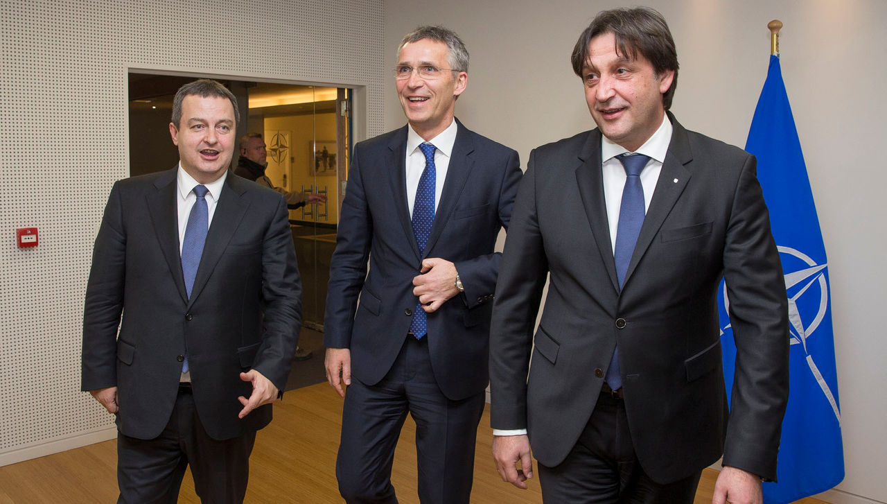 NATO Secretary General Jens Stoltenberg meets with the First Deputy Prime Minister and Minister of Foreign Affairs of the Republic of Serbia, Ivica Dacic and with the Minister of Defence, Bratislav Gasic