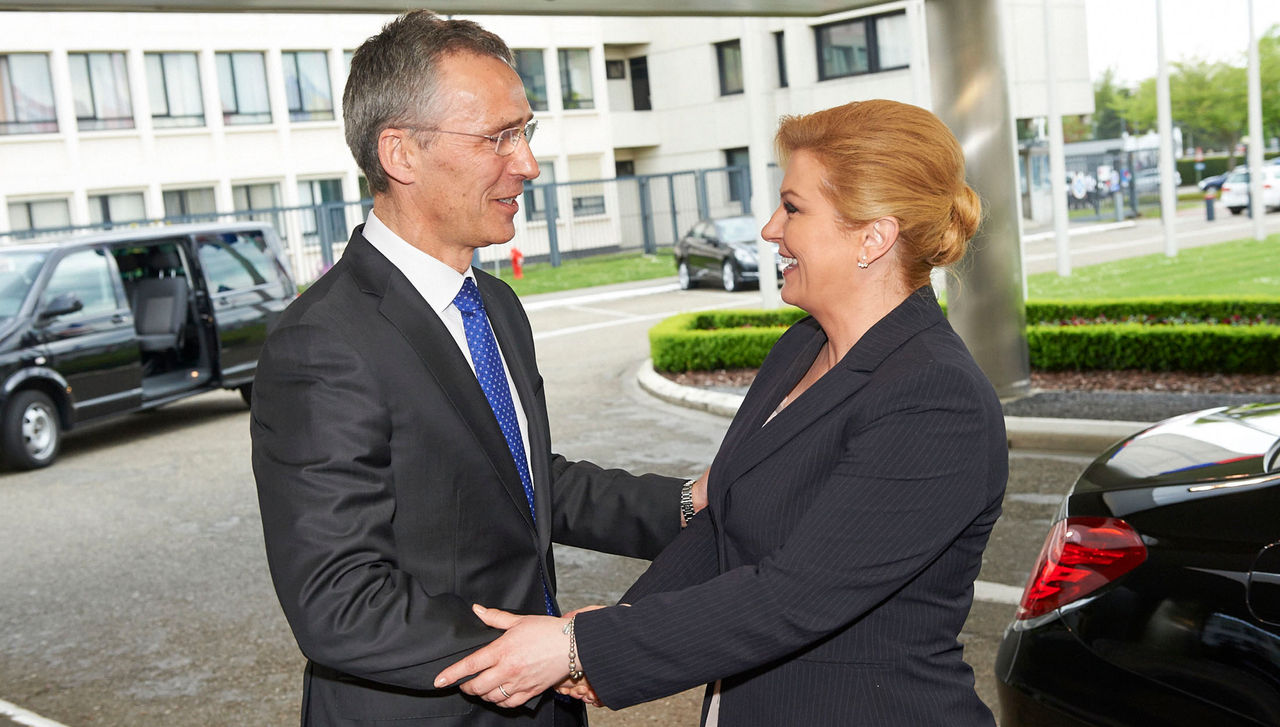 NATO Secretary General Jens Stoltenberg welcomes the President of Croatia, Kolinda Grabar-Kitarovic to NATO