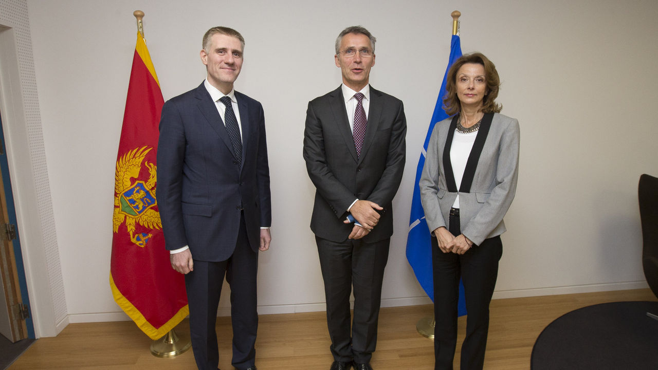 NATO Secretary General Jens Stoltenberg meets with Igor Luksic, Deputy Prime Minister and Minister of Foreign Affairs and European Integration of Montenegro and prof. Milica Pejanovic-Djurisic, Minister of Defence of Montenegro