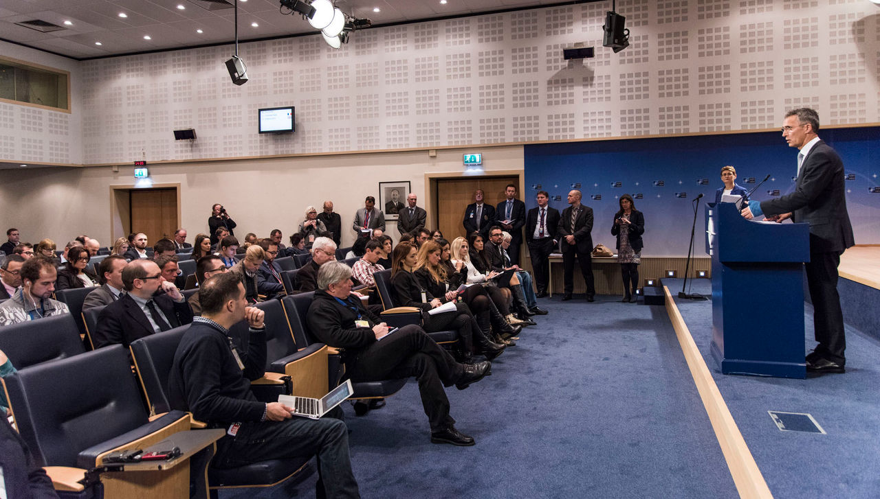 NATO Secretary General Jens Stoltenberg briefs the press prior to the meetings of NATO Foreign Ministers on 1 and 2 December at NATO headquarters