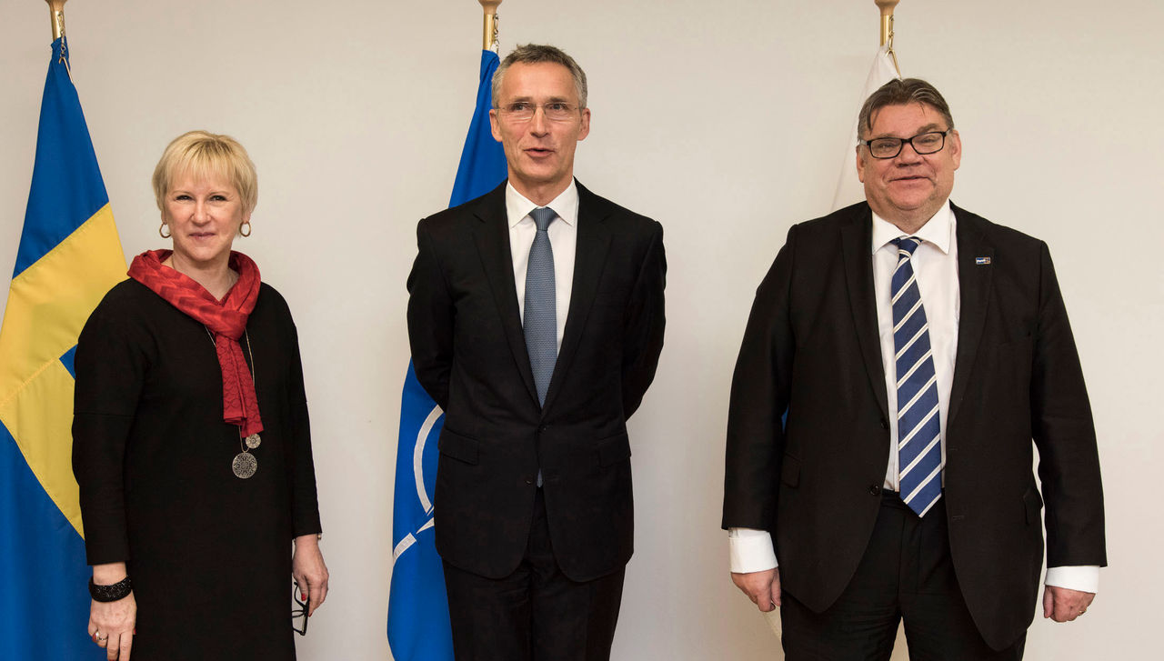 Left to right: Margot Wallstrom (Minister of Defence, Sweden) with NATO Secretary General Jens Stoltenberg and Timo Soini (Minister of Defence, Finland)