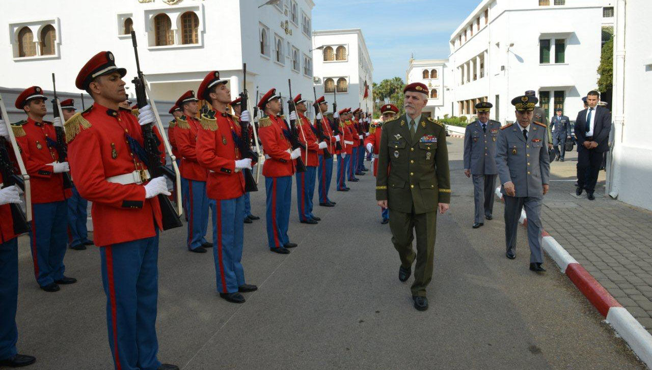 General Petr Pavel, Chairman of the NATO Military Committee inspects the Honour Guard accompanied by General Bouchaid Arroub, Chief of Defence of the Moroccan Armed Forces.