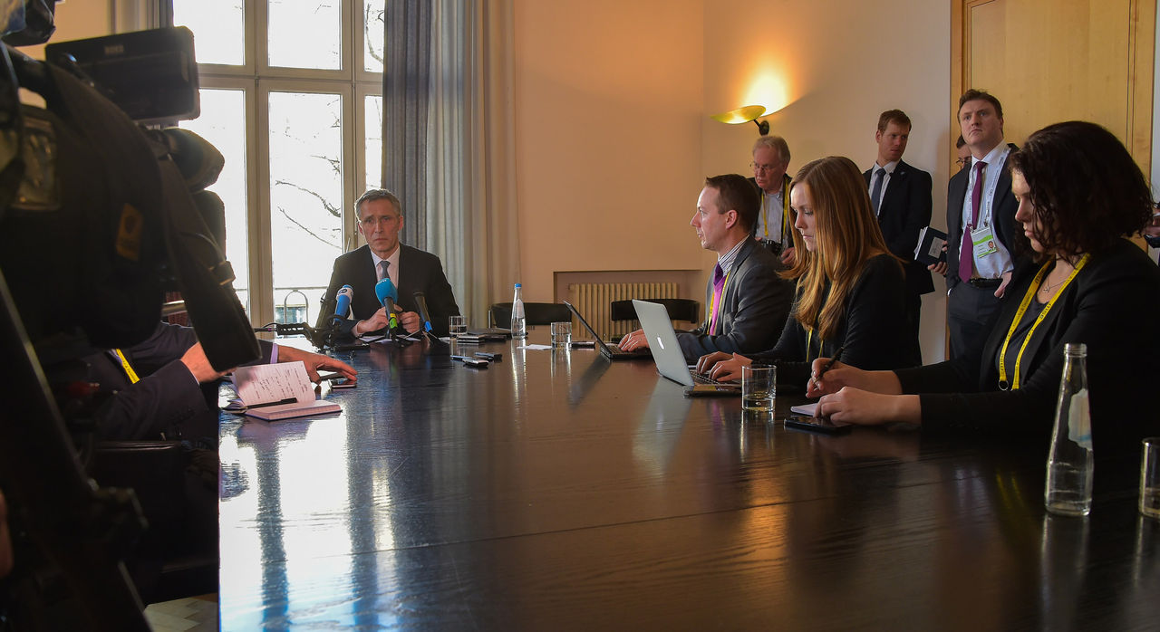 NATO Secretary General Jens Stoltenberg talks to the media following his meeting with Foreign minister Lavrov of Russia