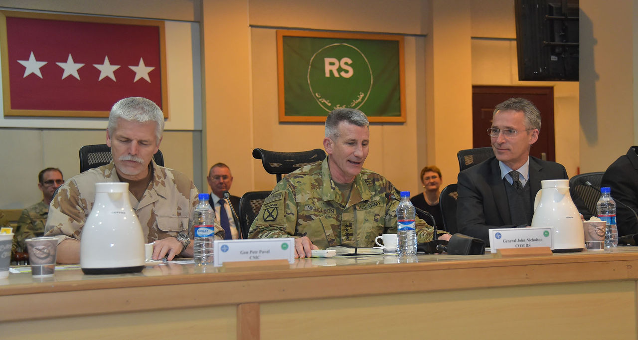Briefing with Commander Resolute Support. Chairman of the Military Committee, General Petr Pavel with Commander Resolute Support, General John Nicholson and  NATO Secretary General Jens Stoltenberg